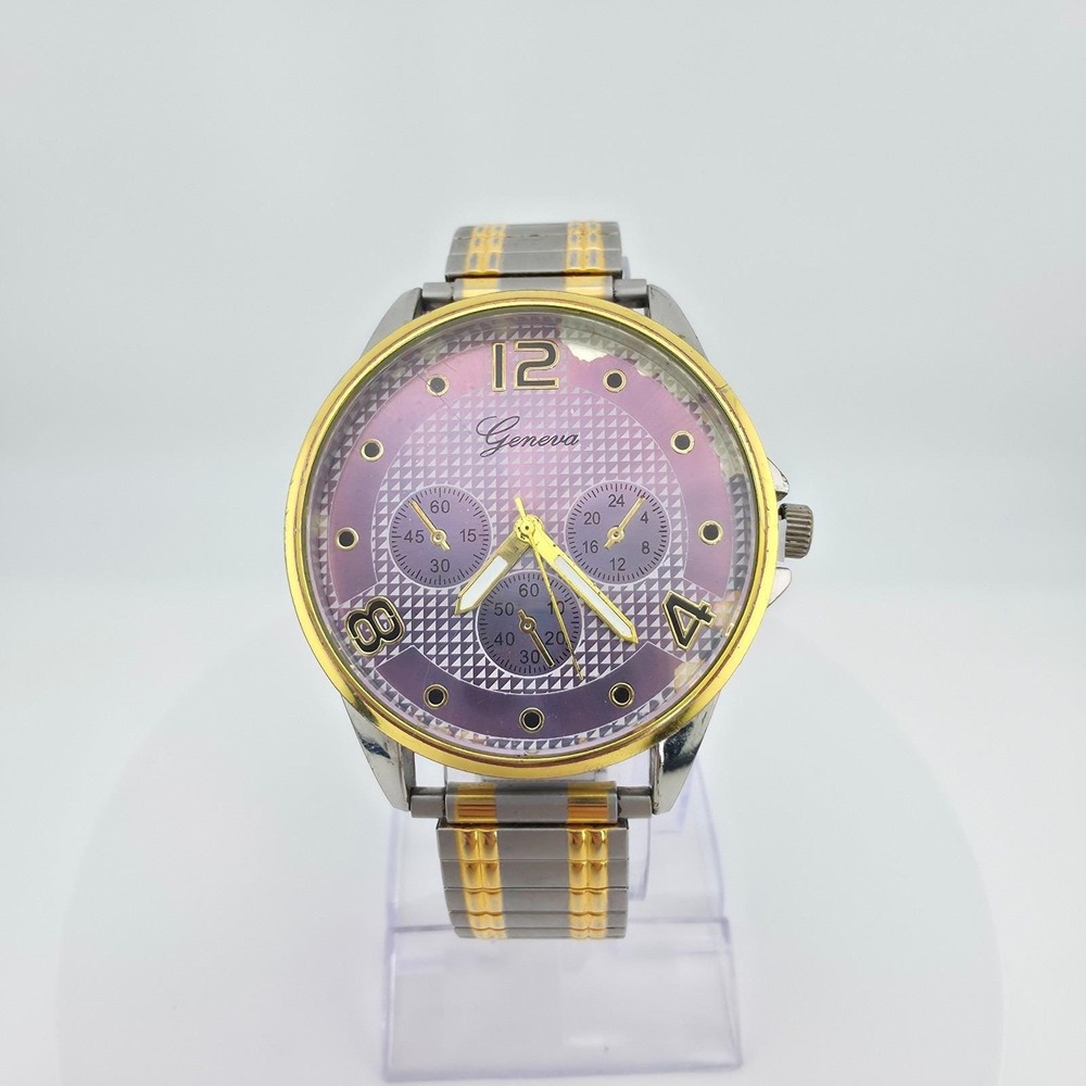 GENEVA Mens Watch Purple Dial Expansion Band Silver Gold Tone Stainless Steel 8"